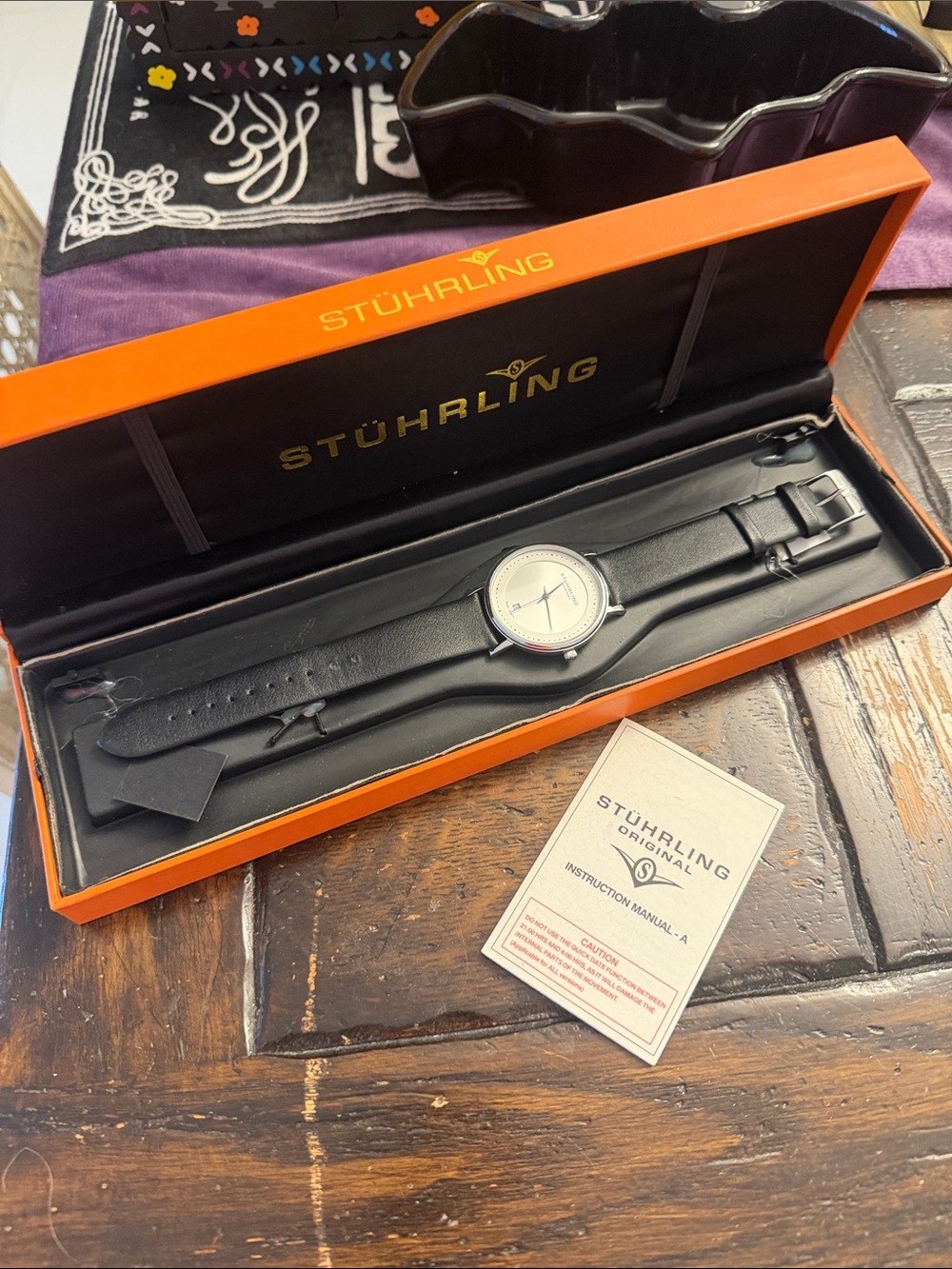 Stuhrling Original Black & Silver Watch with Orange & Gold Presentation Box